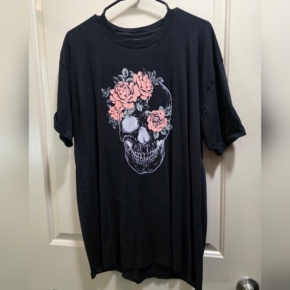 Black T-Shirt with Floral Skull Design